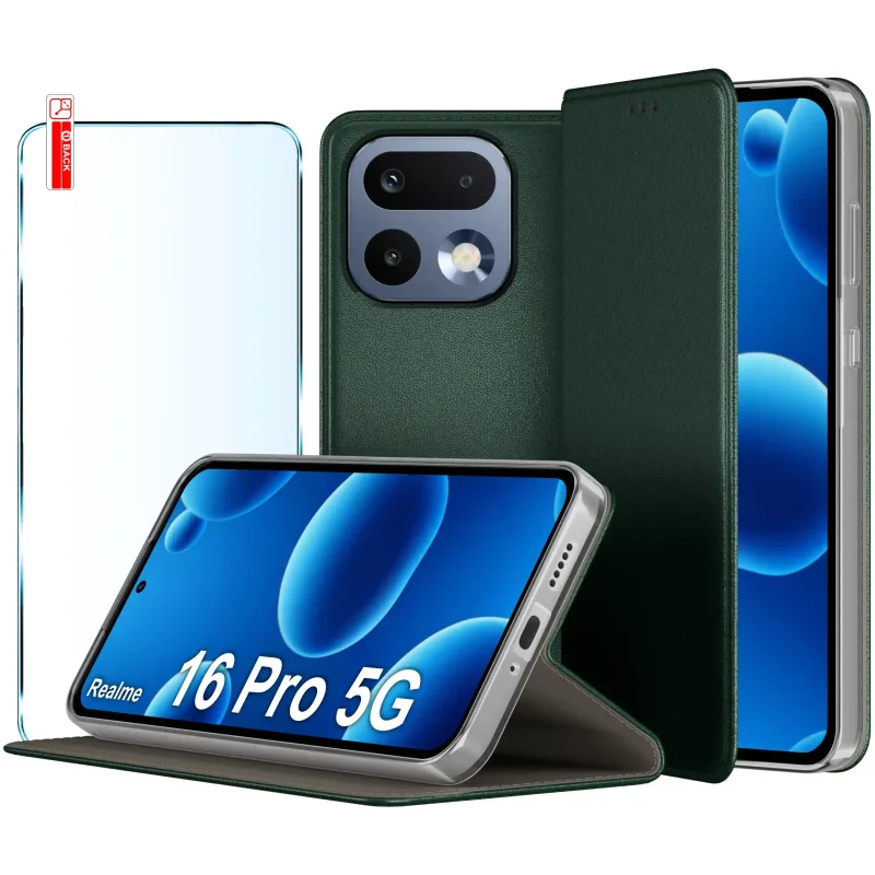 Etui z klapką skórzane Realme 16 Pro 5G zielone zestaw ze szkłem hartowanym