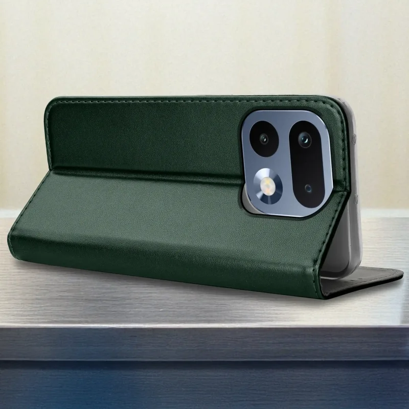 Pokrowiec z klapką do Realme 16 Pro 5G zielony skórzany - funkcja stojaka