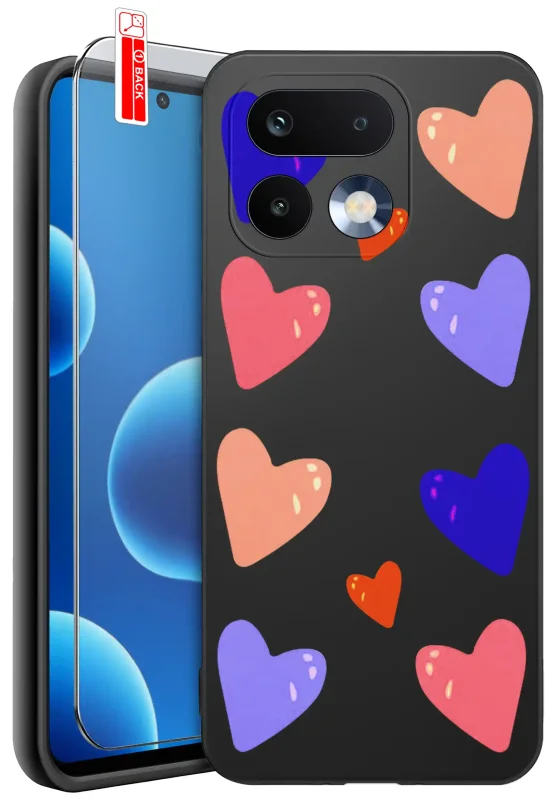 Etui walentynkowe do Realme 16 Pro 5G z kolorowymi sercami na czarnym tle, silikonowe etui z romantycznym nadrukiem i szkłem hartowanym 9H w zestawie