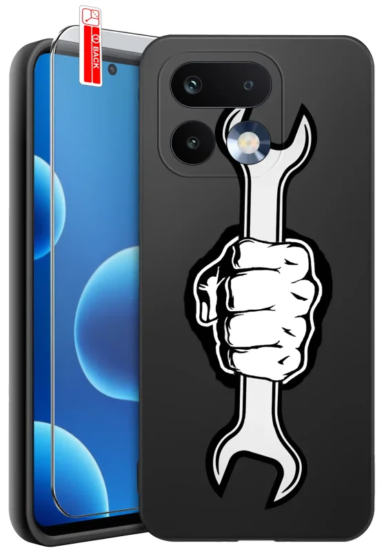 Etui dla Dziadka do Realme 16 Pro 5G z nadrukiem dłoni trzymającej klucz płaski na czarnym tle, silikonowe etui z motywem narzędzi i szkłem hartowanym 9H w zestawie