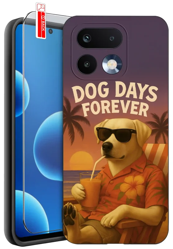 Etui z psem do Realme 16 Pro 5G z nadrukiem psa w okularach na plaży i napisem Dog Days Forever, silikonowe etui ze szkłem hartowanym 9H w zestawie