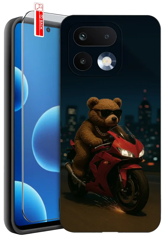 Etui z autem do Realme 16 Pro 5G z nadrukiem misia w okularach jadącego czerwonym motocyklem nocą, silikonowe etui ze szkłem hartowanym 9H w zestawie