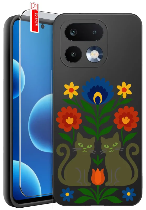 Etui ludowe do Realme 16 Pro 5G z kolorowym folkowym wzorem kwiatów i dwóch kotów, szkło hartowane 9H w zestawie