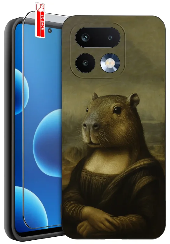 Etui z kapibarą do Realme 16 Pro 5G z nadrukiem kapibary stylizowanej na Mona Lisę na ciemnym tle, silikonowe etui ze szkłem hartowanym 9H w zestawie