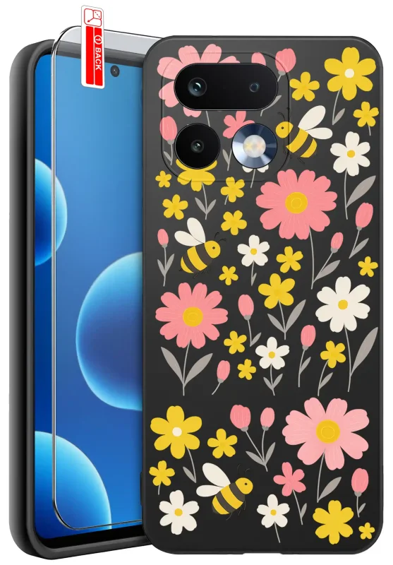 Etui wiosenne do Realme 16 Pro 5G z kolorowym wzorem kwiatów i pszczółek, ze szkłem hartowanym 9H w zestawie