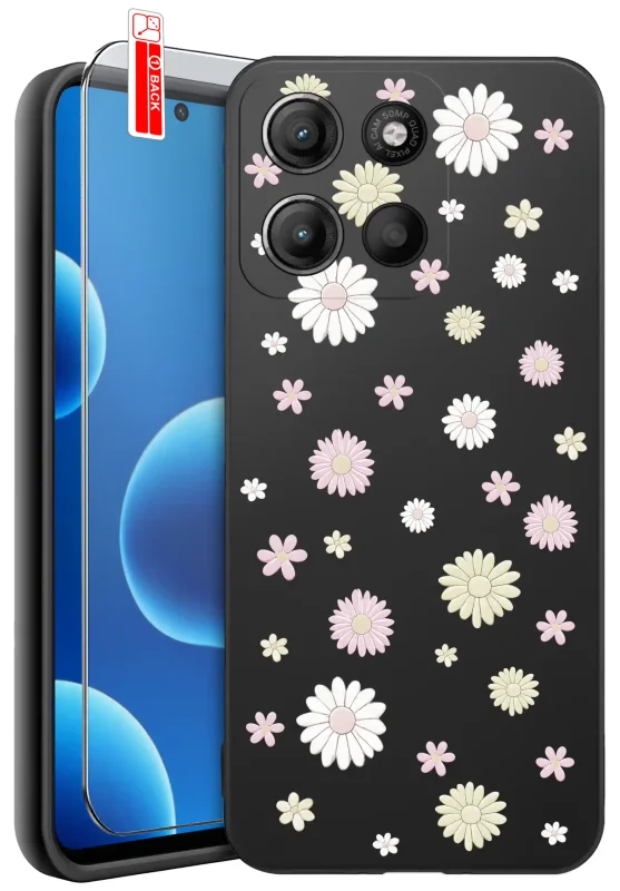Etui wiosenne do Motorola Moto G15 / G15 Power z delikatnym wzorem stokrotek, ze szkłem hartowanym 9H w zestawie