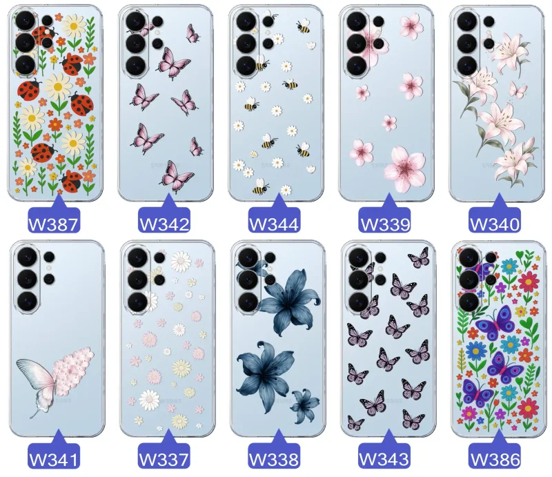 Kolekcja etui wiosennych Samsung Galaxy S26 Ultra – różnorodne wzory kwiatki, motylki, pszczółki, biedronki na przezroczystym case