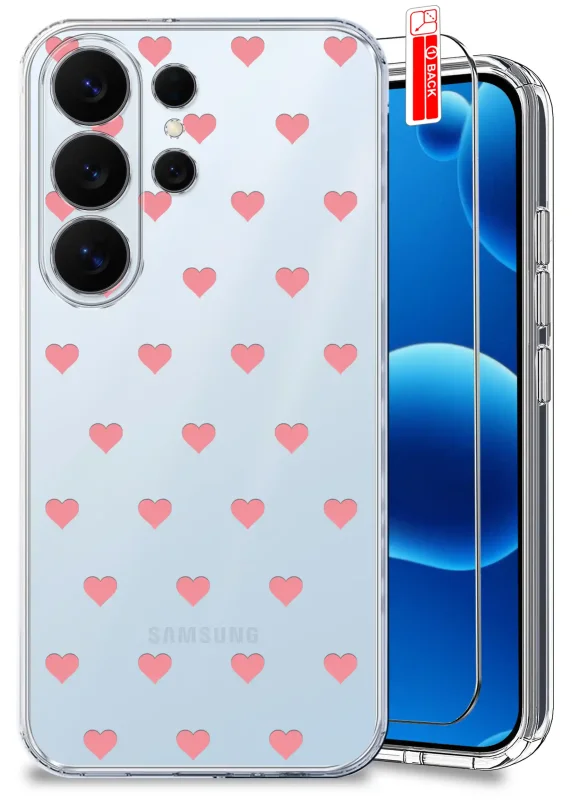 Przezroczyste etui walentynkowe do Samsung Galaxy S26 Ultra z drobnymi różowymi serduszkami, ze szkłem hartowanym 9H w zestawie