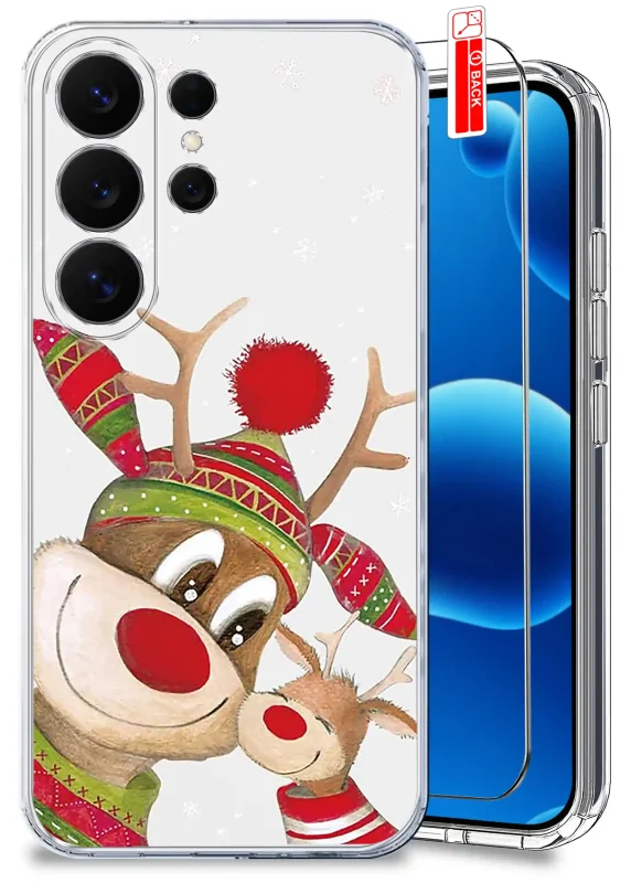 Świąteczne przezroczyste etui do Samsung Galaxy S26 Ultra z reniferami w komplecie ze szkłem ochronnym