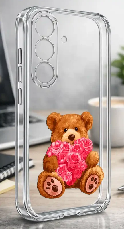 Przezroczyste etui walentynkowe do Samsung Galaxy S26 z nadrukiem misia trzymającego serce z róż, eleganckie etui na plecki z romantycznym motywem