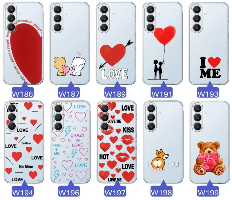 Kolekcja wzorów walentynkowych na case do Samsung Galaxy S26: kolorowe serca, napisy love, kwiaty, misie, pies