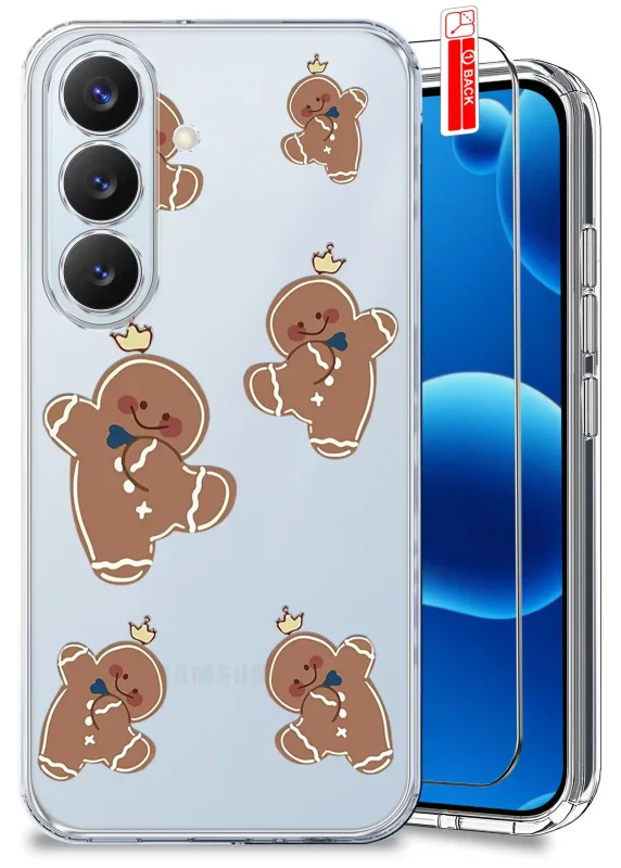 Przezroczyste etui świąteczne do Samsung Galaxy S26 z nadrukiem pierniczków, ze szkłem hartowanym 9H w zestawie