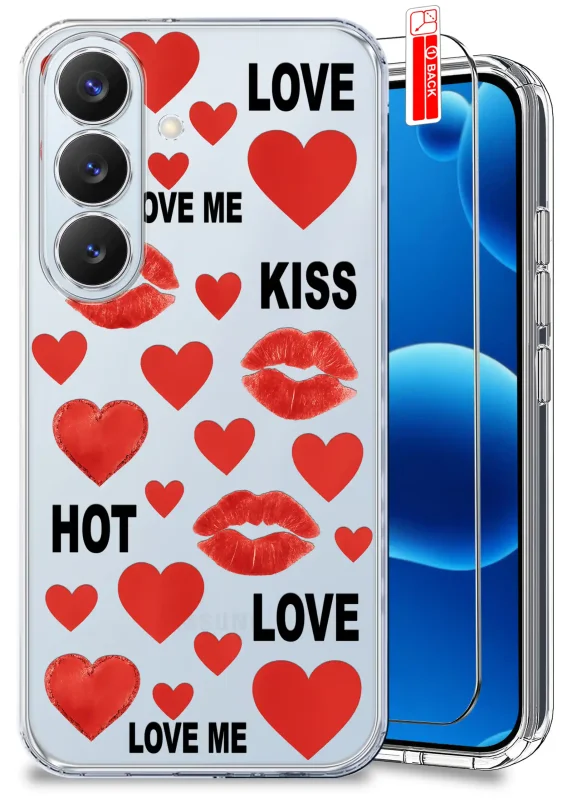 Przezroczyste etui walentynkowe do Samsung Galaxy S26+ Plus z czerwonymi sercami, ustami i napisami Love, Kiss, Hot, ze szkłem hartowanym 9H w zestawie