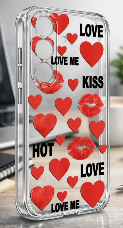 Case walentynkowy do Samsung Galaxy S26+ Plus z czerwonymi sercami, ustami i napisami Love, Kiss, Hot oraz Love Me, eleganckie etui bezbarwne z romantycznym wzorem