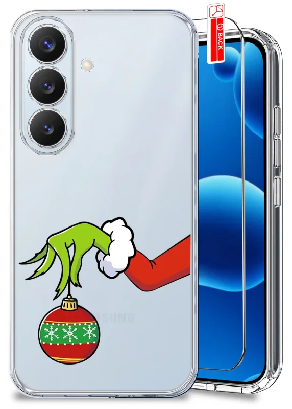 Przezroczyste etui świąteczne do Samsung Galaxy S26+ Plus z grafiką ręki w stylu Grincha trzymającej bombkę
