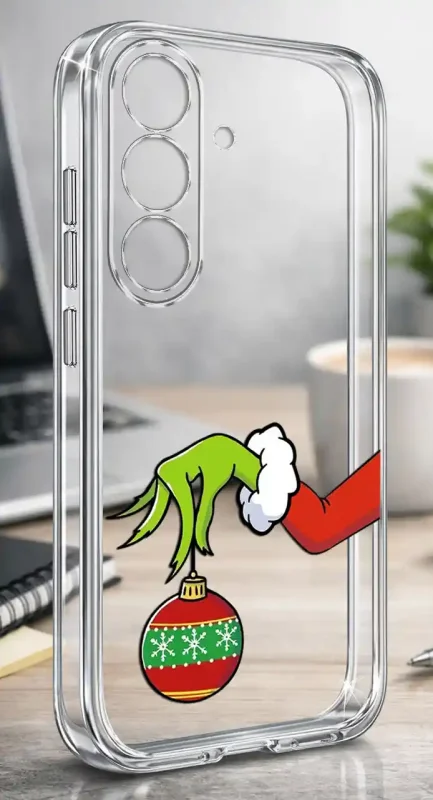 Case świąteczny na Samsung Galaxy S26+ Plus - przezroczyste etui z ręką Grincha i bombką