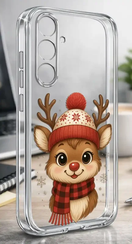 Case świąteczny na Samsung Galaxy A57 5G - przezroczyste etui z reniferem w czapce i szaliku