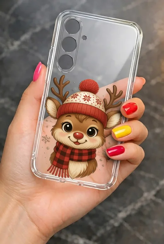 Etui świąteczne przezroczyste do Samsung Galaxy A57 5G z motywem renifera - prezentacja case w dłoni