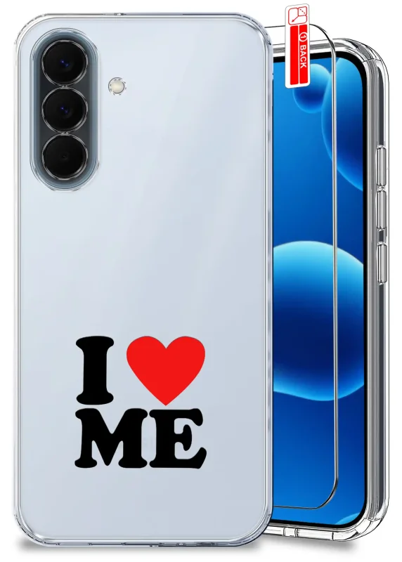 Przezroczyste etui walentynkowe do Samsung Galaxy A57 5G z napisem I love me, ze szkłem hartowanym 9H w zestawie