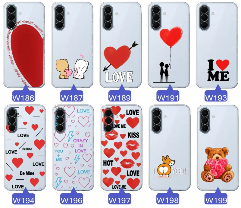 Kolekcja wzorów walentynkowych na case do Samsung Galaxy A57 5G: kolorowe serca, napisy love, kwiaty, misie, pies