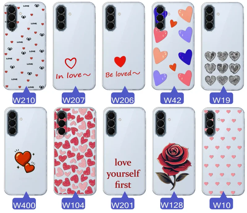 Różne wzory walentynkowe na case do Samsung Galaxy A57 5G - motywy miłosne: serca, romantyczne napisy, kwiaty, misie