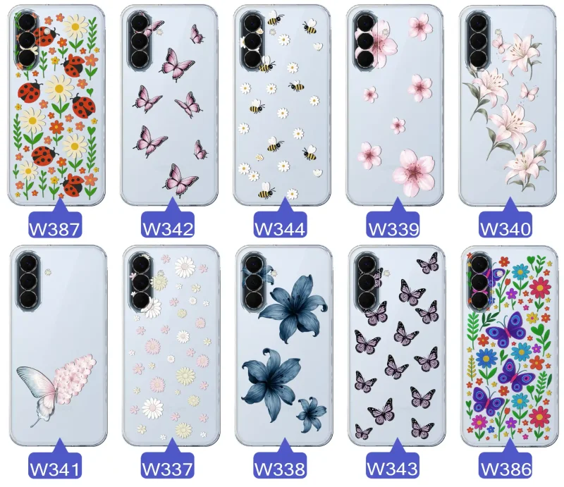 Kolekcja etui wiosennych Samsung Galaxy A57 5G – różnorodne wzory kwiatki, motylki, pszczółki, biedronki na przezroczystym case