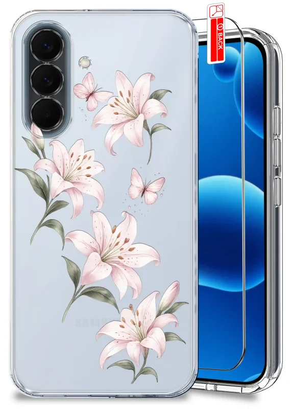 Przezroczyste etui wiosenne do Samsung Galaxy A57 5G z kwiatkami, ze szkłem hartowanym 9H w zestawie