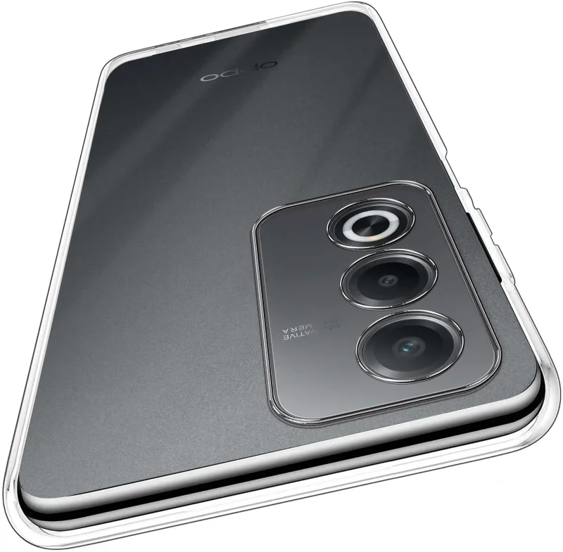 Wzmocniona ochrona aparatu w etui przezroczystym do Oppo A80 5G – zbliżenie na wyspę kamery