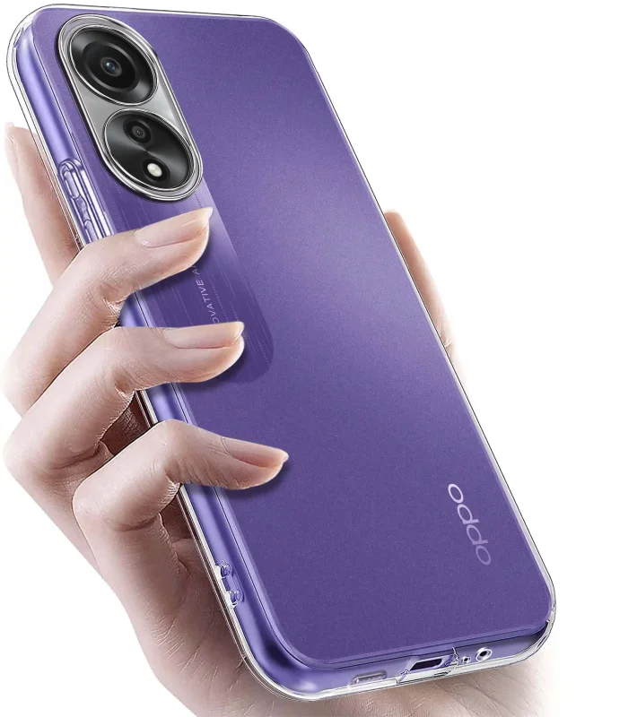 Oppo A78 4G w przezroczystym etui TPU – widok z tyłu, telefon trzymany w dłoni