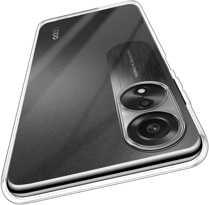 Wzmocniona ochrona aparatu w etui przezroczystym do Oppo A78 4G – zbliżenie na wyspę kamery