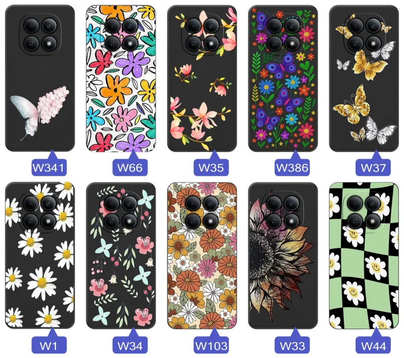 Etui wiosenne Xiaomi Redmi Note 15 4G różnorodne motywy kwiatowe i naturalne na czarnym tle