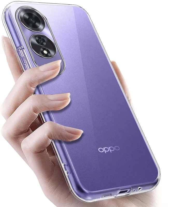 Oppo A60 4G w przezroczystym etui TPU – widok z tyłu, telefon trzymany w dłoni