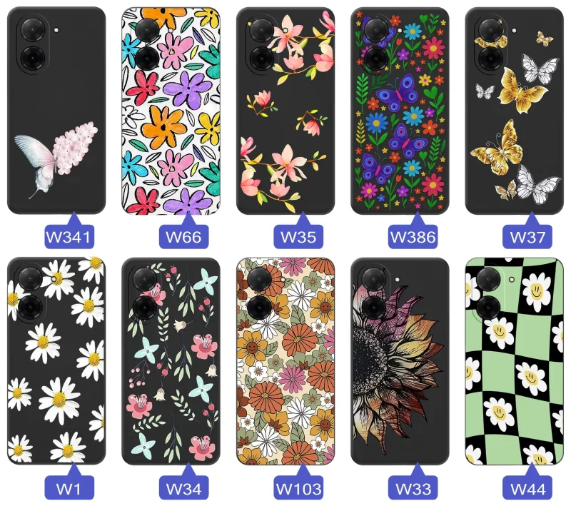 Etui wiosenne Xiaomi Redmi A5 różnorodne motywy kwiatowe i naturalne na czarnym tle