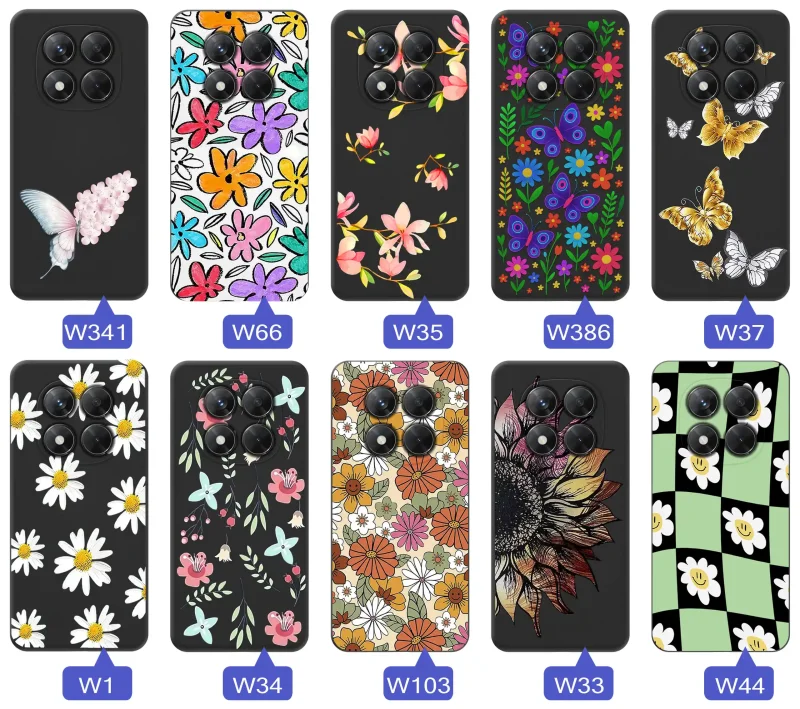 Etui wiosenne Xiaomi Redmi Note 14 Pro+ Plus 5G różnorodne motywy kwiatowe i naturalne na czarnym tle