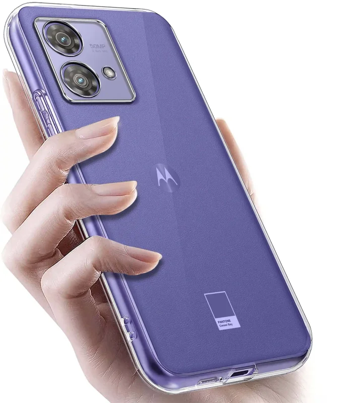 Motorola Edge 40 Neo w przezroczystym etui TPU – widok z tyłu, telefon trzymany w dłoni