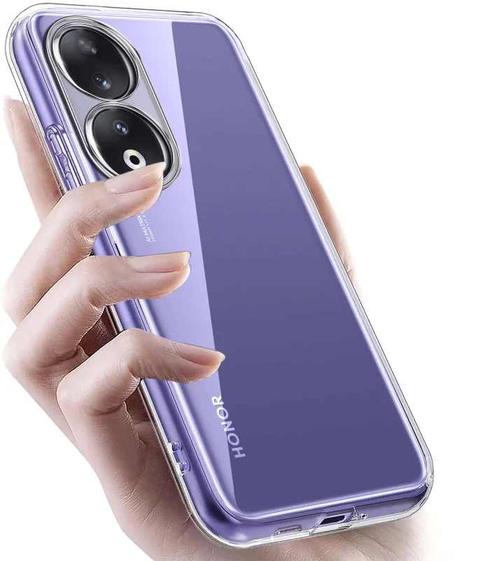 Honor 90 5G w przezroczystym etui TPU – widok z tyłu, telefon trzymany w dłoni