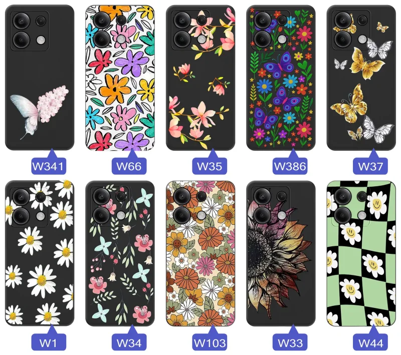 Etui wiosenne Xiaomi Redmi Note 14S różnorodne motywy kwiatowe i naturalne na czarnym tle