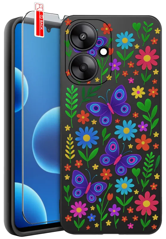 Etui wiosenne do Xiaomi Redmi 13C 5G z kolorowym wzorem kwiatów i motyli, ze szkłem hartowanym 9H w zestawie