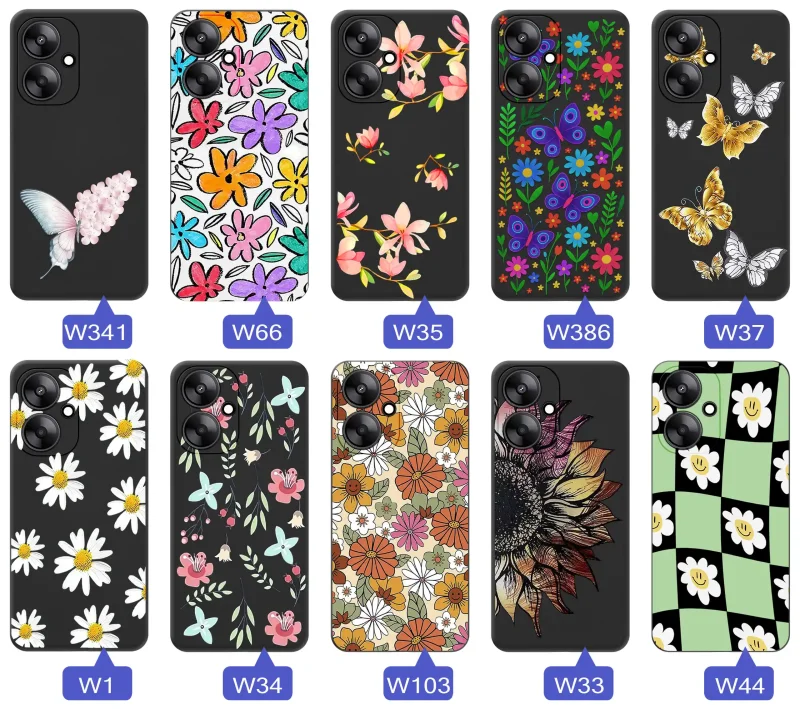 Etui wiosenne Xiaomi Redmi 13C 5G różnorodne motywy kwiatowe i naturalne na czarnym tle