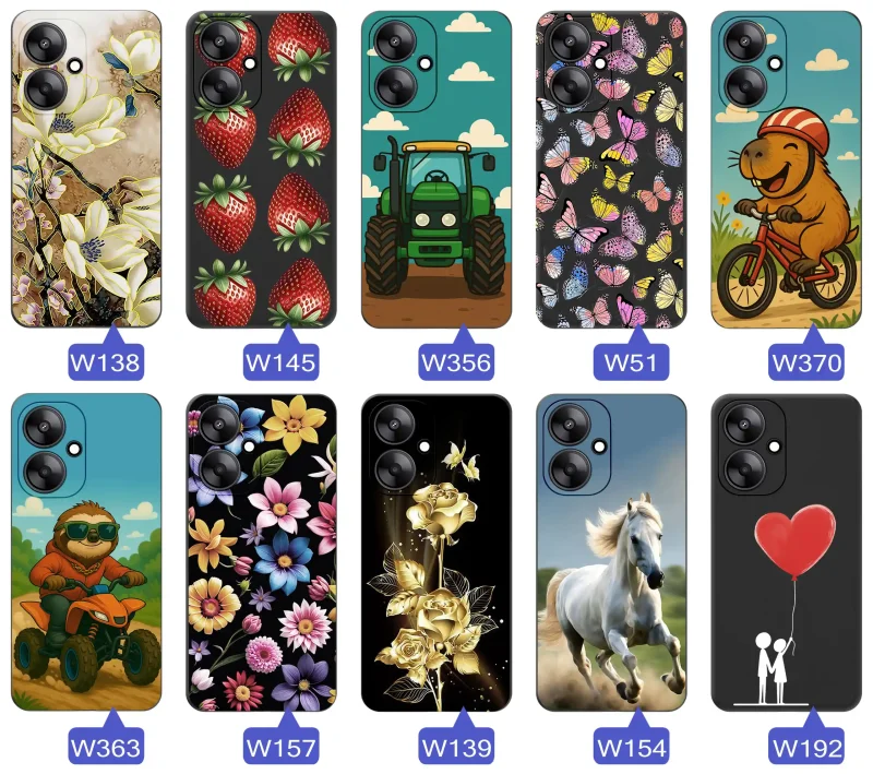 Case wiosenne Xiaomi Redmi 13C 5G czarne etui z wzorem – motyle, kwiaty, róże, koń, traktor, truskawki, kapibara, miłość