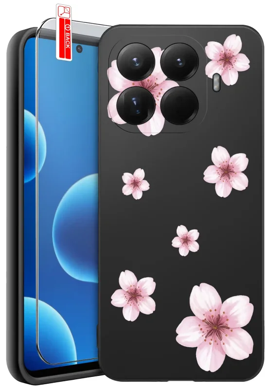 Etui wiosenne do Xiaomi 15T Pro 5G ze wzorem różowych kwiatów, szkło hartowane 9H w zestawie