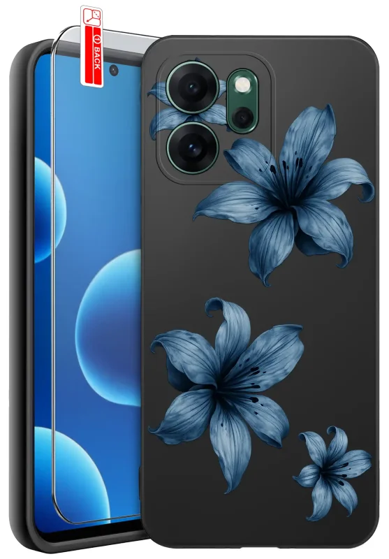 Etui wiosenne do Oppo Reno 14 FS 5G / 14 F 5G ze wzorem niebieskich kwiatów, szkło hartowane 9H w zestawie