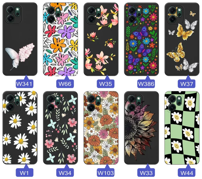 Etui wiosenne Oppo Reno 14 FS 5G / 14 F 5G różnorodne motywy kwiatowe i naturalne na czarnym tle