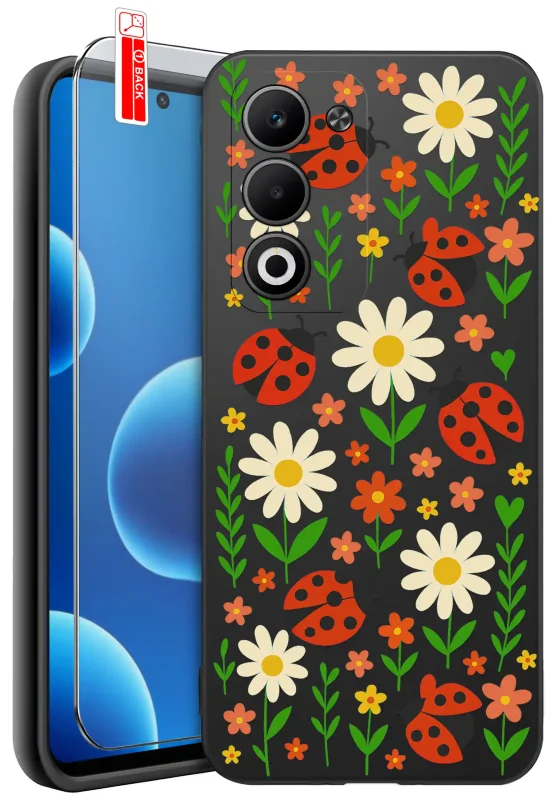 Etui wiosenne do Oppo A5 4G / A5 5G z kolorowym wzorem kwiatów i biedronek, szkło hartowane 9H w zestawie