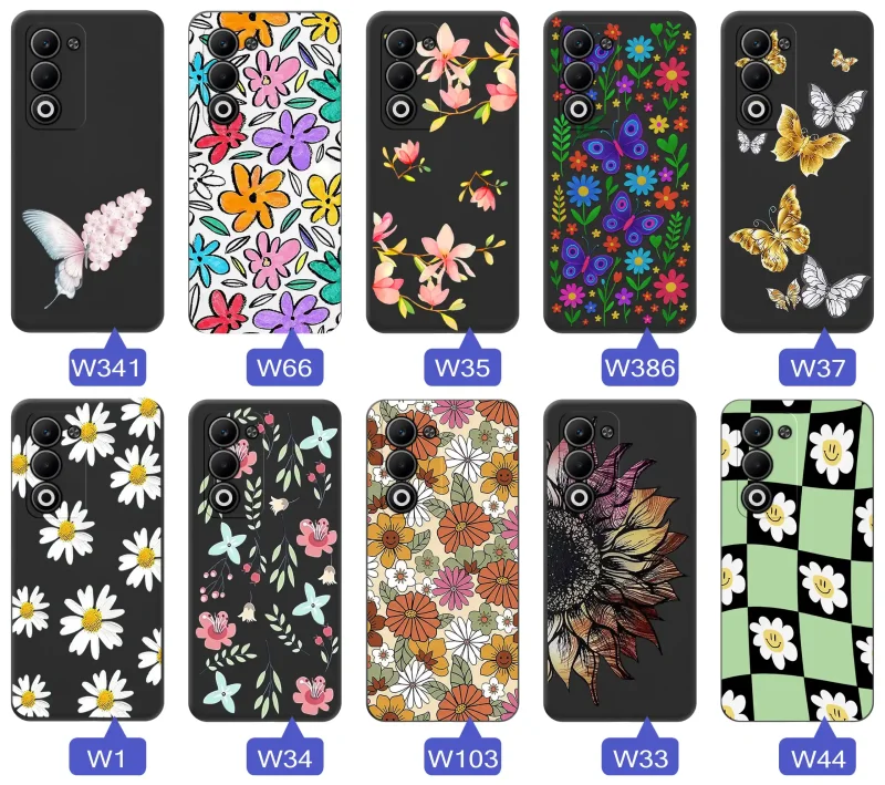 Etui wiosenne Oppo A5 4G / A5 5G różnorodne motywy kwiatowe i naturalne na czarnym tle