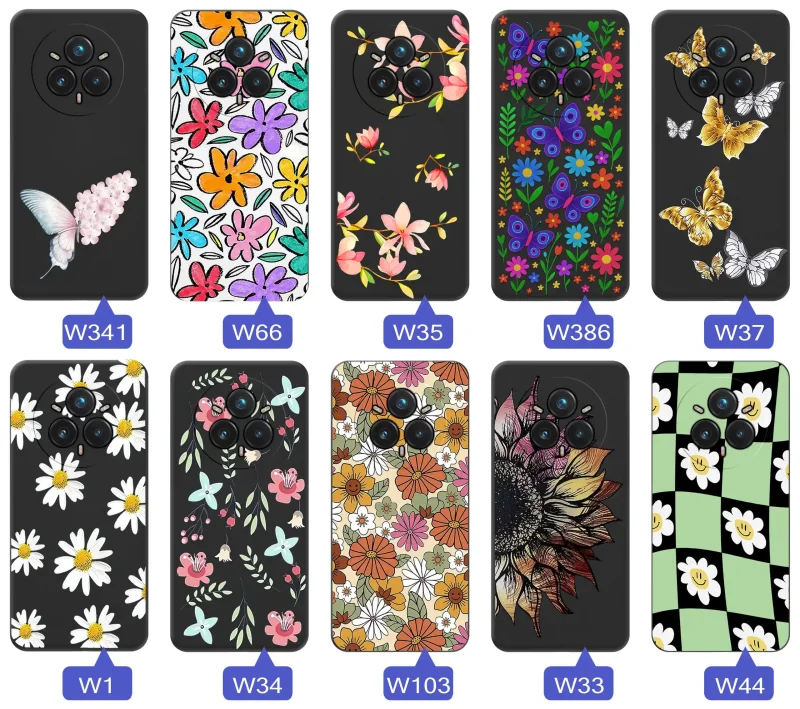 Etui wiosenne Realme 14 Pro 5G różnorodne motywy kwiatowe i naturalne na czarnym tle