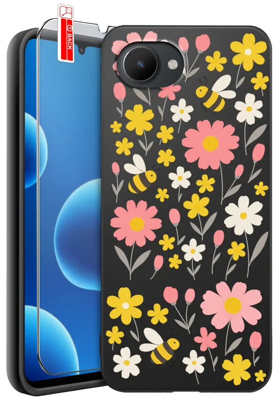 Etui wiosenne do Realme C30 z kolorowym wzorem kwiatów i pszczółek, szkło hartowane 9H w zestawie