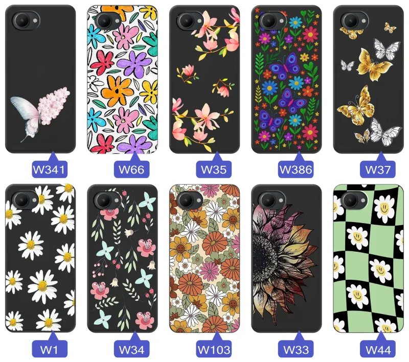 Etui wiosenne Realme C30 różnorodne motywy kwiatowe i naturalne na czarnym tle