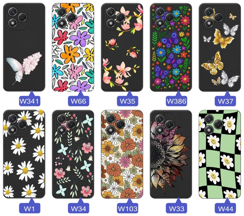 Etui wiosenne Honor 400 Lite różnorodne motywy kwiatowe i naturalne na czarnym tle