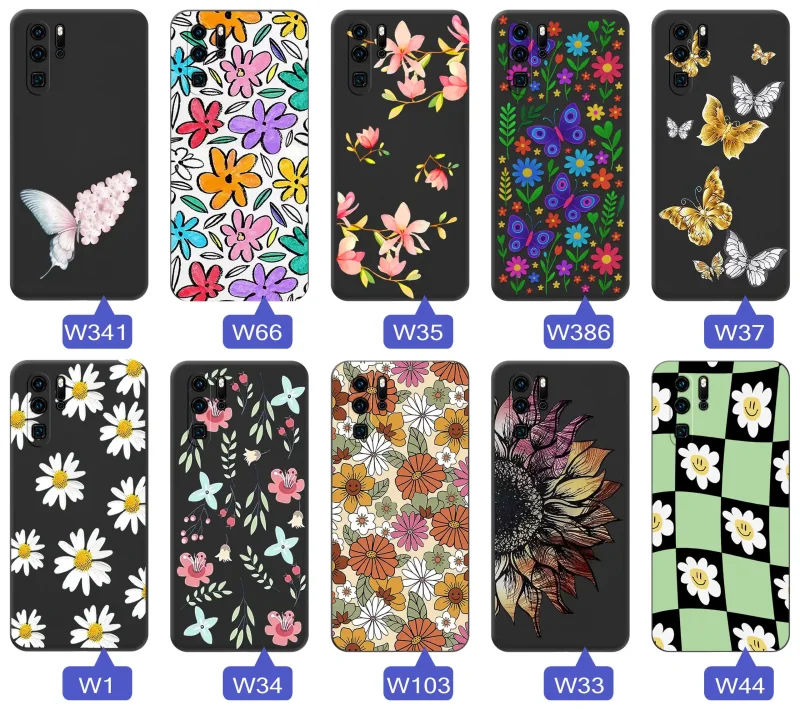 Etui wiosenne Huawei P30 Pro różnorodne motywy kwiatowe i naturalne na czarnym tle